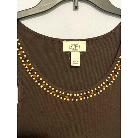 Ann Taylor Loft Petites Brown Tank Top with Scoop Neckline Beading Women’s XXSP - Picture 2 of 7